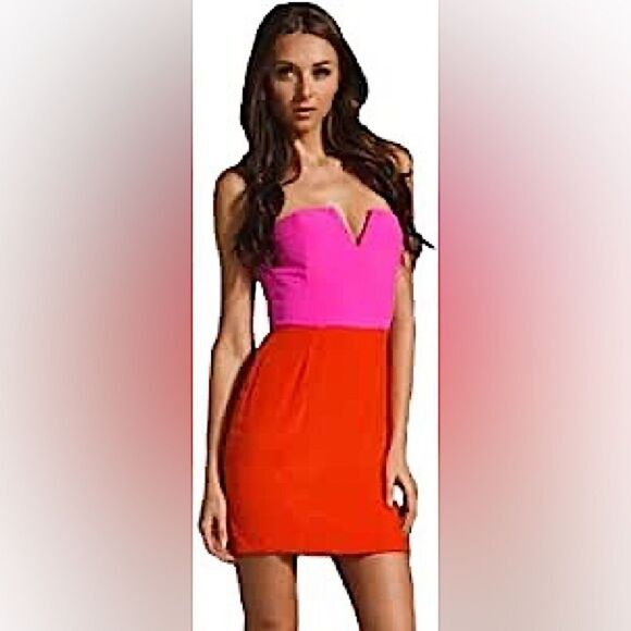 NWT Naven Two Tone Bombshell Strapless Mini V Neck Dress in Pink Orange Sz. L - Picture 1 of 8